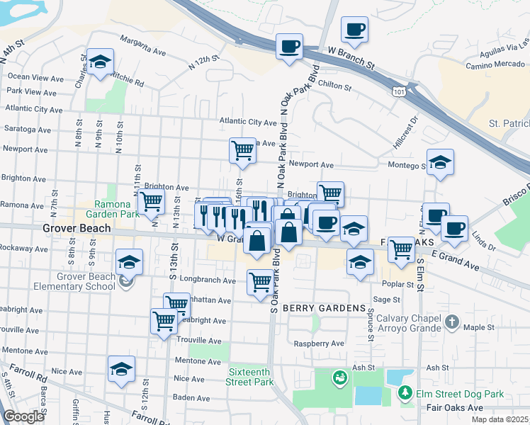 map of restaurants, bars, coffee shops, grocery stores, and more near 1663 Ramona Avenue in Grover Beach