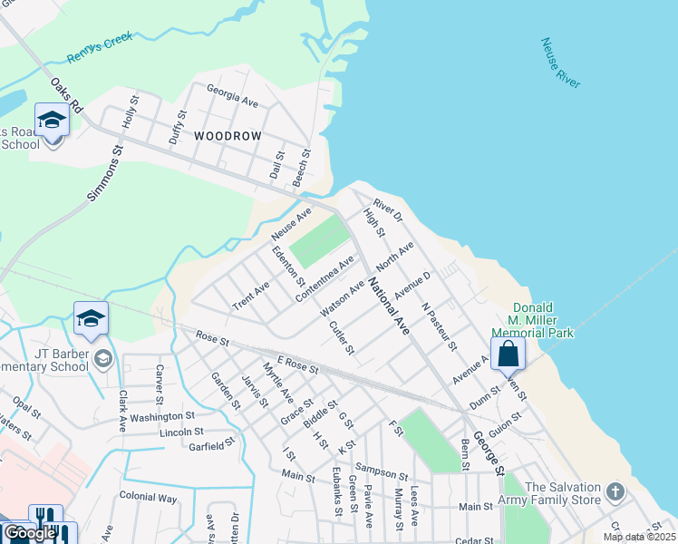 map of restaurants, bars, coffee shops, grocery stores, and more near 507 Contentnea Avenue in New Bern