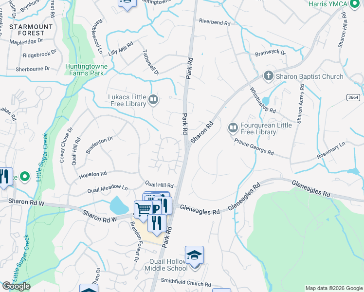 map of restaurants, bars, coffee shops, grocery stores, and more near 72 Gates at Quail Hollo Drive in Charlotte
