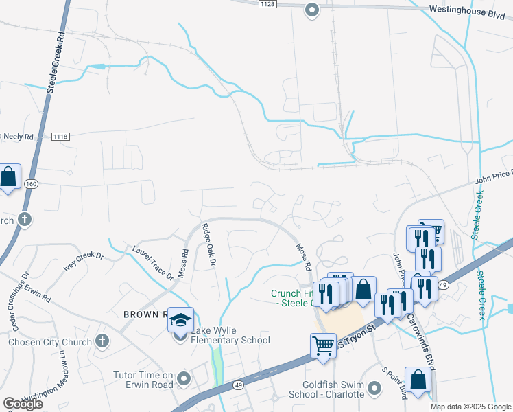map of restaurants, bars, coffee shops, grocery stores, and more near 11144 Whitlock Crossing Court in Charlotte