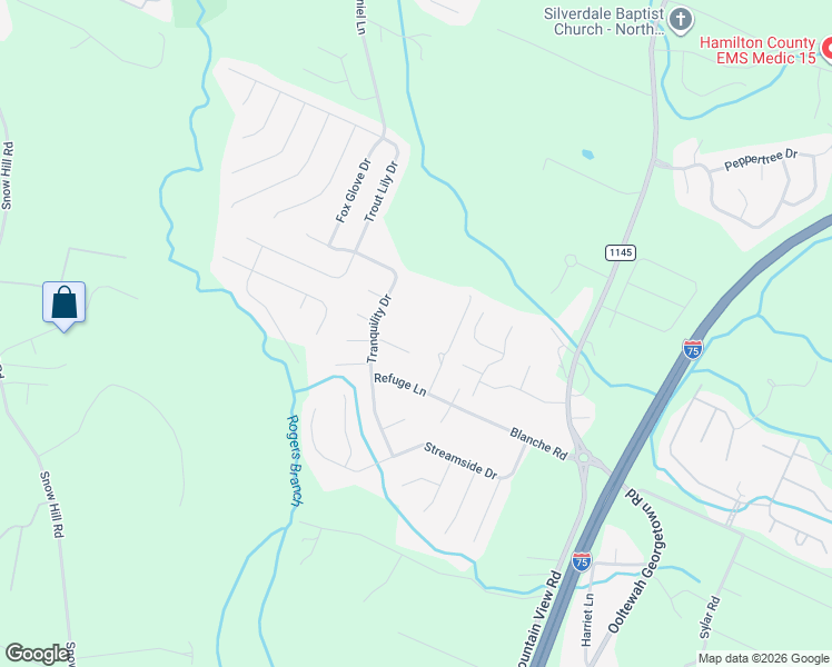 map of restaurants, bars, coffee shops, grocery stores, and more near 8502 Blanche Road in Ooltewah
