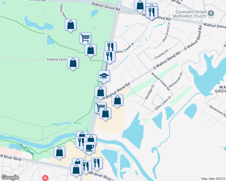 map of restaurants, bars, coffee shops, grocery stores, and more near 293 South Walnut Bend Road in Memphis