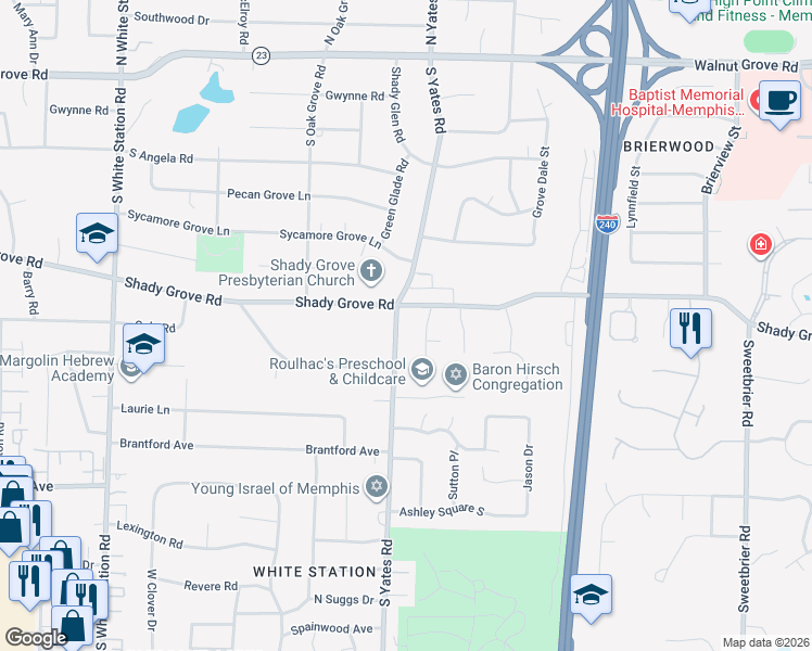 map of restaurants, bars, coffee shops, grocery stores, and more near 305 Shady Woods Cove in Memphis