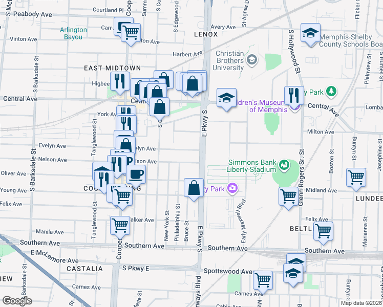 map of restaurants, bars, coffee shops, grocery stores, and more near 2311 Evelyn Avenue in Memphis