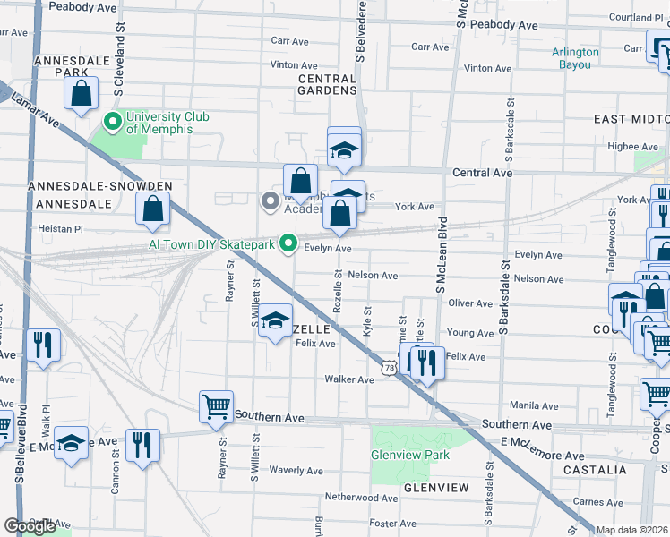 map of restaurants, bars, coffee shops, grocery stores, and more near 1682 Nelson Avenue in Memphis