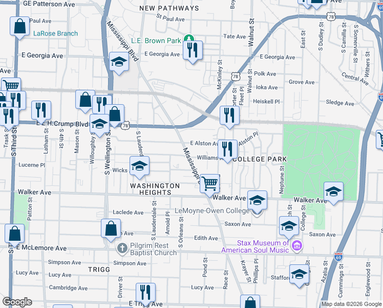 map of restaurants, bars, coffee shops, grocery stores, and more near in Memphis