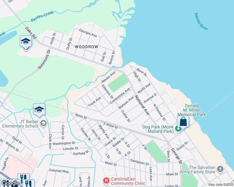 map of restaurants, bars, coffee shops, grocery stores, and more near 530 Contentnea Avenue in New Bern