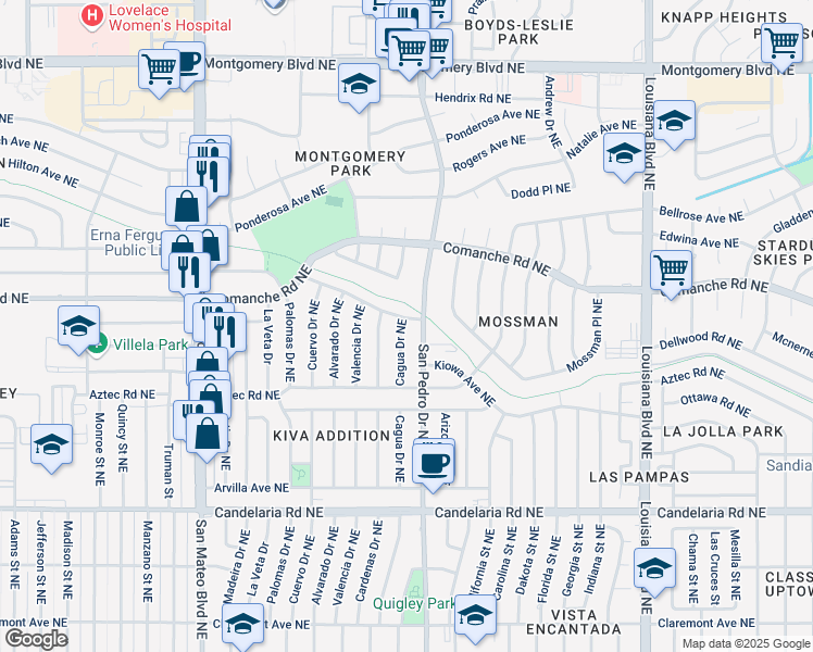 map of restaurants, bars, coffee shops, grocery stores, and more near 6104 La Corrida Road Northeast in Albuquerque