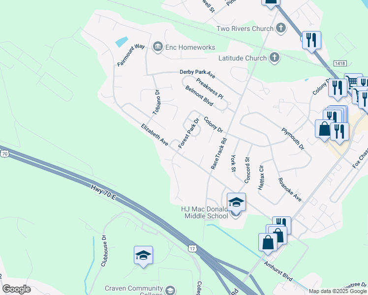 map of restaurants, bars, coffee shops, grocery stores, and more near 107 White Ash Lane in New Bern