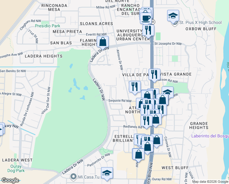 map of restaurants, bars, coffee shops, grocery stores, and more near 6041 Sequoia Road Northwest in Albuquerque