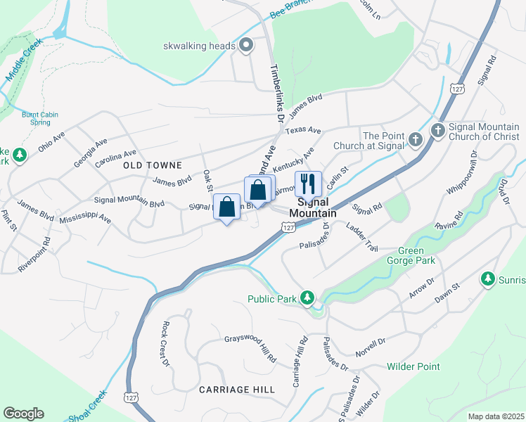map of restaurants, bars, coffee shops, grocery stores, and more near 720 Mississippi Avenue in Signal Mountain