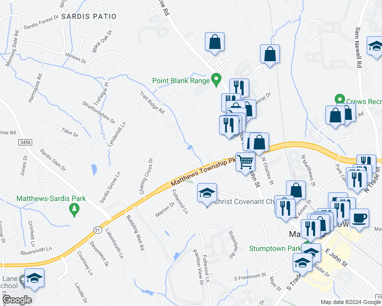 map of restaurants, bars, coffee shops, grocery stores, and more near 9530 Reid Hall Lane in Matthews