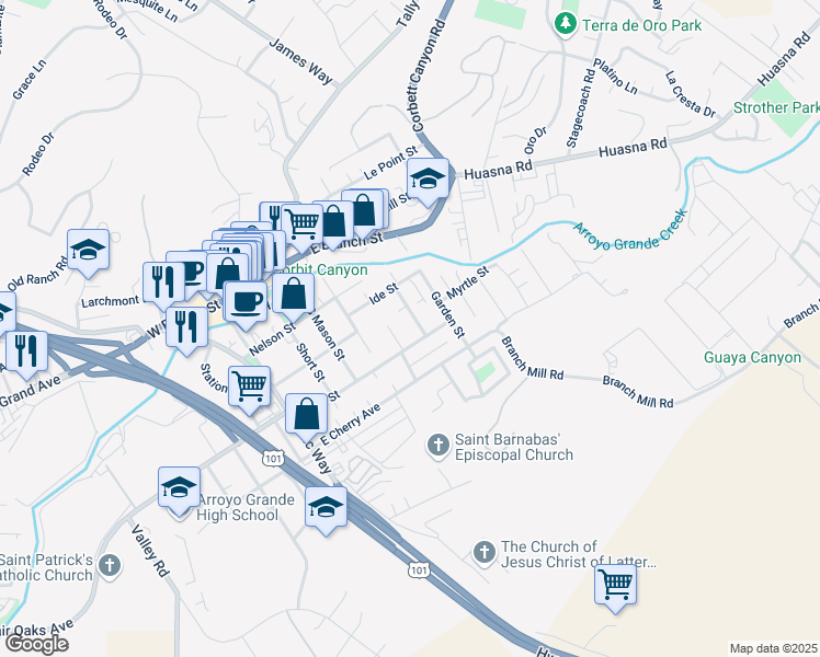 map of restaurants, bars, coffee shops, grocery stores, and more near 230 Cross Street in Arroyo Grande