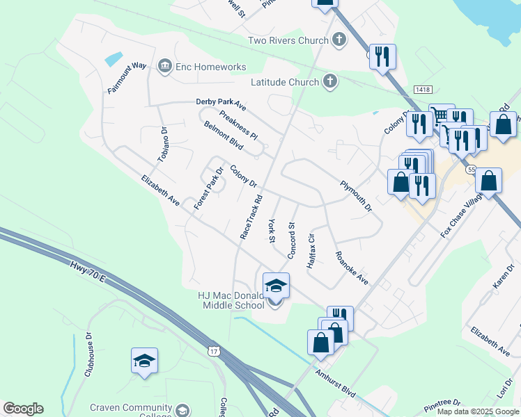 map of restaurants, bars, coffee shops, grocery stores, and more near 1616 RaceTrack Road in New Bern