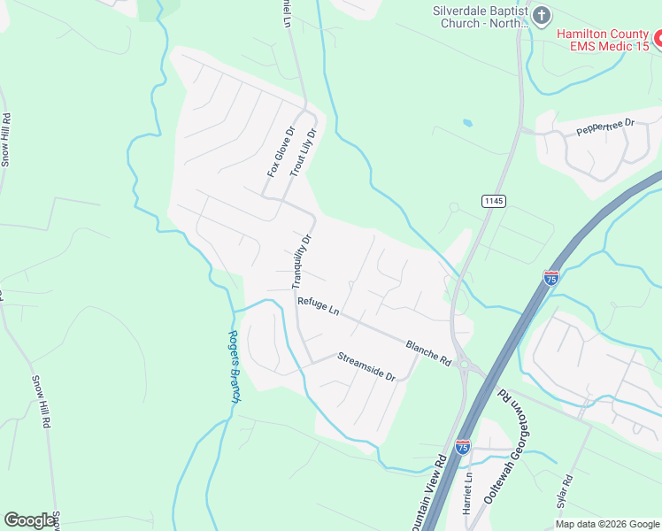 map of restaurants, bars, coffee shops, grocery stores, and more near 8502 Blanche Road in Ooltewah