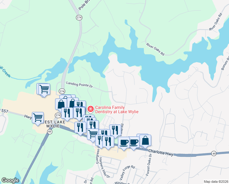 map of restaurants, bars, coffee shops, grocery stores, and more near 3101 Shady Knoll Court in Lake Wylie