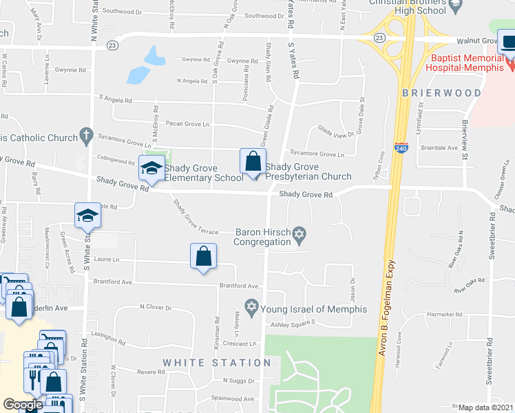 map of restaurants, bars, coffee shops, grocery stores, and more near 317 S Yates Rd in Memphis