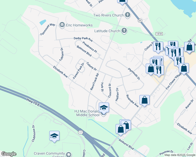 map of restaurants, bars, coffee shops, grocery stores, and more near 1616 RaceTrack Road in New Bern