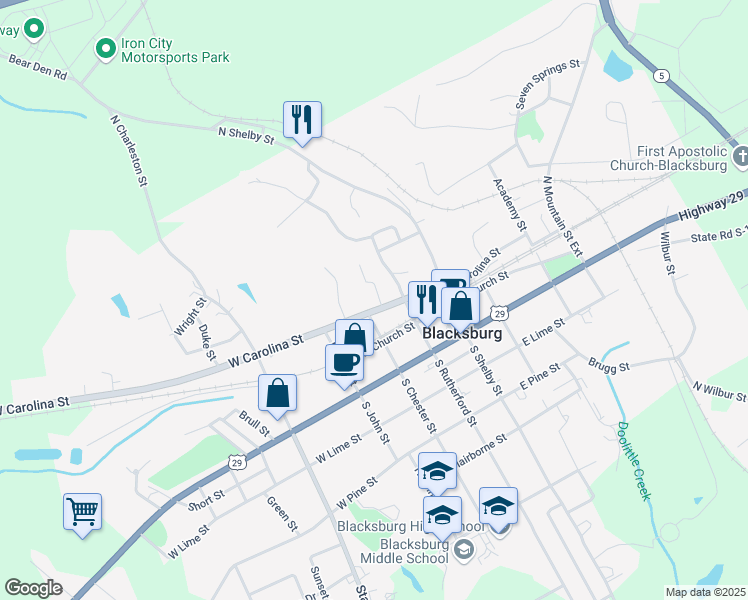map of restaurants, bars, coffee shops, grocery stores, and more near 208 West Carolina Street in Blacksburg