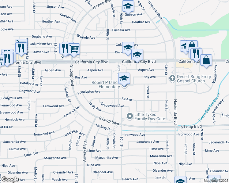 map of restaurants, bars, coffee shops, grocery stores, and more near Corwin Street in California City