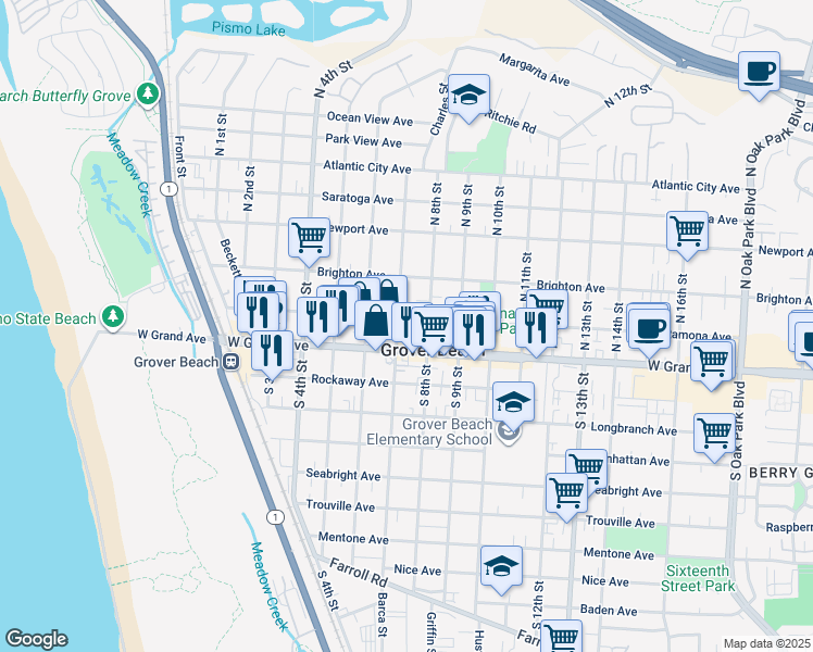 map of restaurants, bars, coffee shops, grocery stores, and more near 192 North 7th Street in Grover Beach