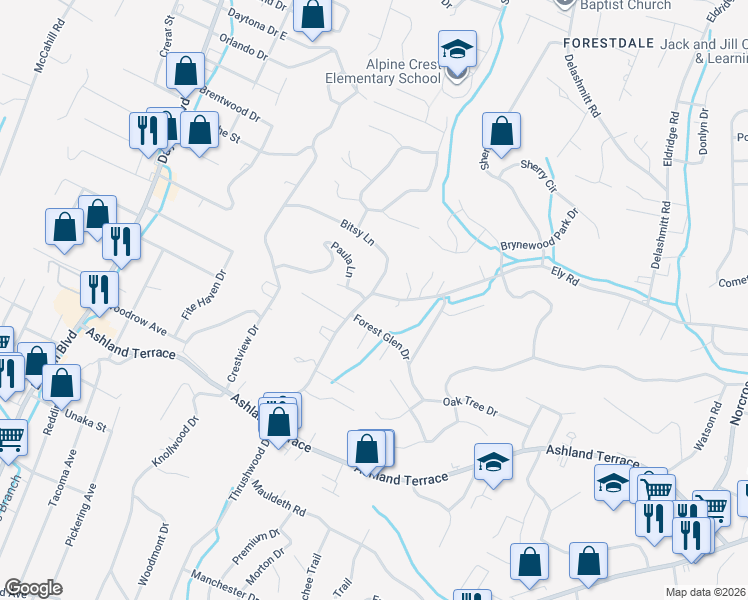 map of restaurants, bars, coffee shops, grocery stores, and more near 712 Ely Road in Chattanooga