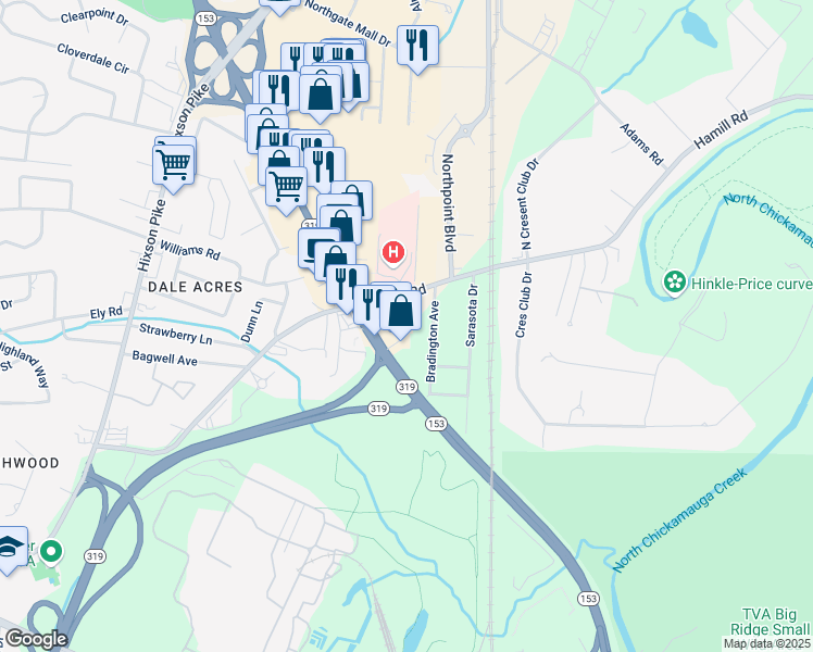 map of restaurants, bars, coffee shops, grocery stores, and more near 5112 Tennessee 153 in Chattanooga