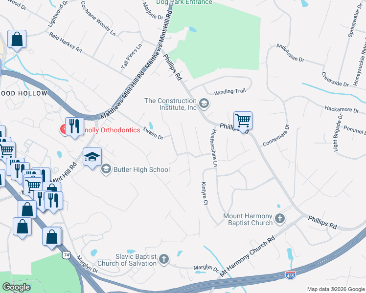 map of restaurants, bars, coffee shops, grocery stores, and more near 2609 Kirkholm Dr in Matthews