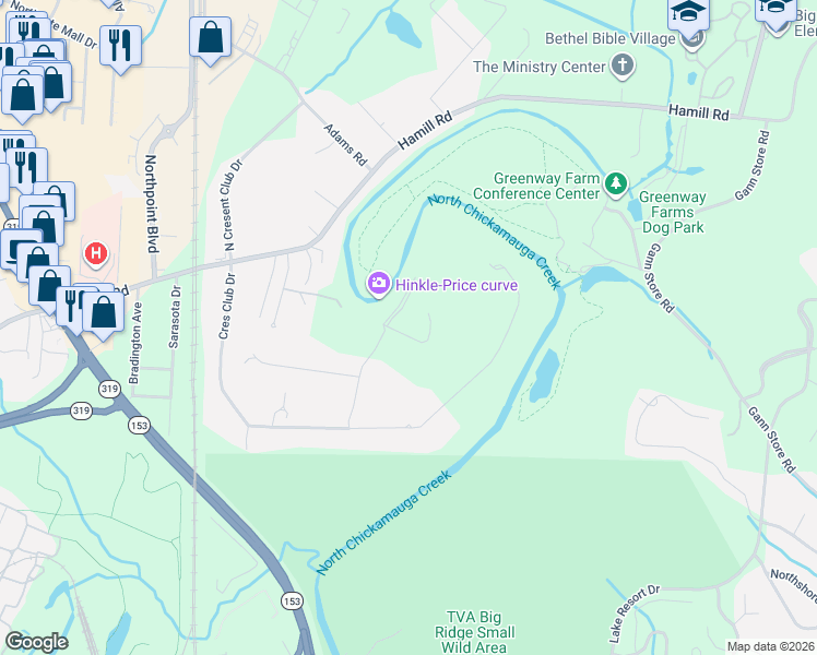 map of restaurants, bars, coffee shops, grocery stores, and more near 2503 Arbor Mist Trail in Chattanooga