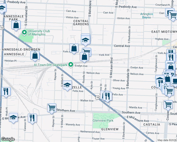 map of restaurants, bars, coffee shops, grocery stores, and more near 1682 Nelson Avenue in Memphis