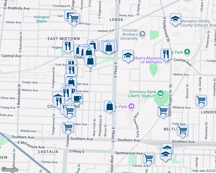 map of restaurants, bars, coffee shops, grocery stores, and more near 2311 Evelyn Avenue in Memphis