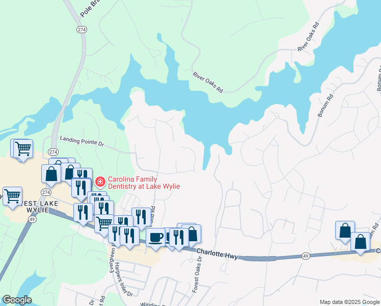 map of restaurants, bars, coffee shops, grocery stores, and more near 3335 Schooner Lane in Lake Wylie