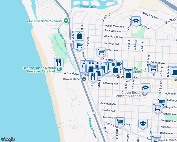 map of restaurants, bars, coffee shops, grocery stores, and more near 140 N 2nd St in Grover Beach