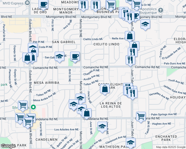 map of restaurants, bars, coffee shops, grocery stores, and more near 10505 Arvilla Avenue Northeast in Albuquerque