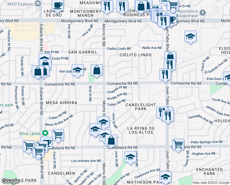 map of restaurants, bars, coffee shops, grocery stores, and more near 10505 Arvilla Avenue Northeast in Albuquerque