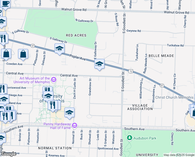 map of restaurants, bars, coffee shops, grocery stores, and more near 3977 Central Avenue in Memphis