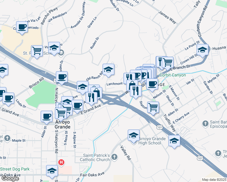 map of restaurants, bars, coffee shops, grocery stores, and more near 252 West Branch Street in Arroyo Grande