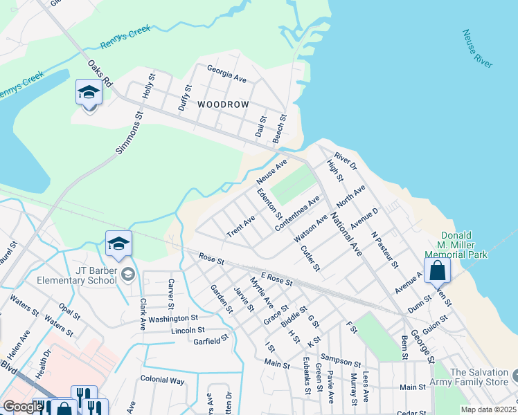 map of restaurants, bars, coffee shops, grocery stores, and more near 1802 Wilmington Street in New Bern