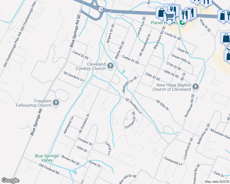 map of restaurants, bars, coffee shops, grocery stores, and more near 809 Dockery Ln SE in Cleveland