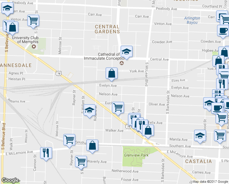 map of restaurants, bars, coffee shops, grocery stores, and more near 1682 Nelson Avenue in Memphis