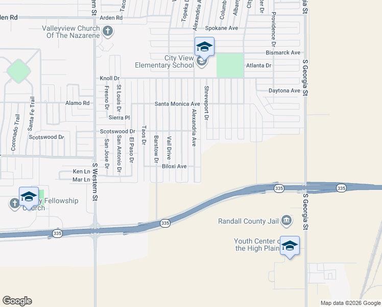 map of restaurants, bars, coffee shops, grocery stores, and more near 8402 Alexandria Avenue in Amarillo