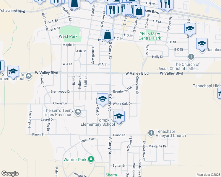 map of restaurants, bars, coffee shops, grocery stores, and more near 111 Brentwood Drive in Tehachapi