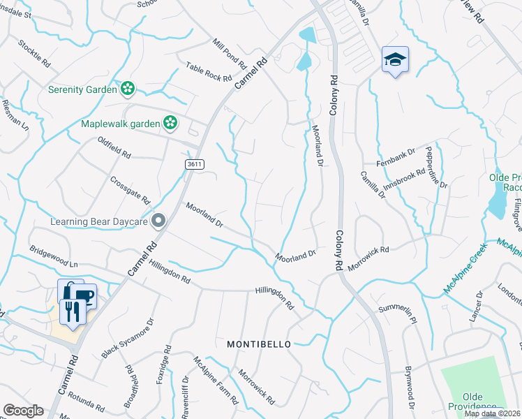 map of restaurants, bars, coffee shops, grocery stores, and more near 3401 Wynington Drive in Charlotte