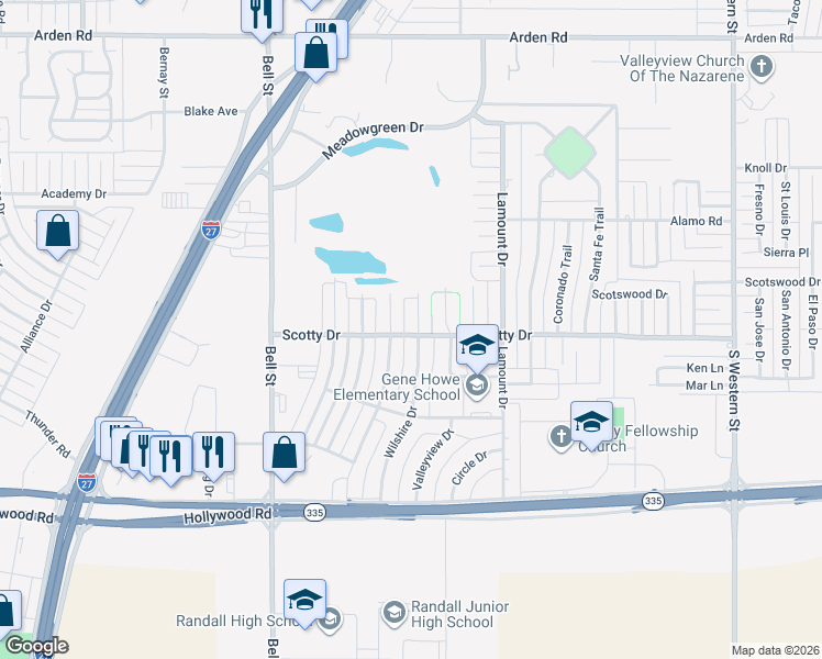 map of restaurants, bars, coffee shops, grocery stores, and more near 8310 Wilshire Drive in Amarillo