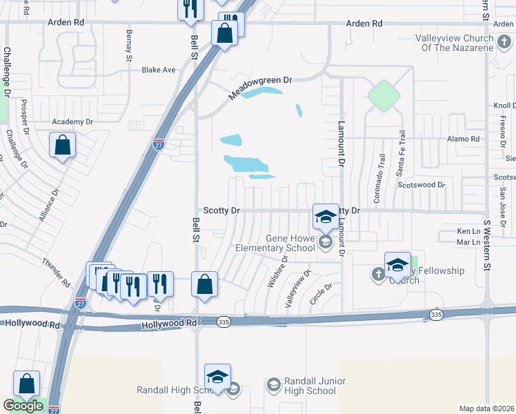 map of restaurants, bars, coffee shops, grocery stores, and more near 8311 Pomona Drive in Amarillo