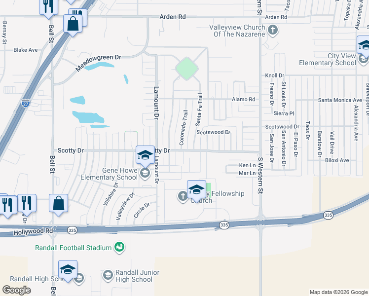 map of restaurants, bars, coffee shops, grocery stores, and more near 8139 Coronado Trail in Amarillo