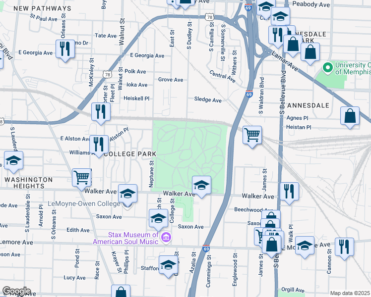 map of restaurants, bars, coffee shops, grocery stores, and more near 824 South Dudley Street in Memphis