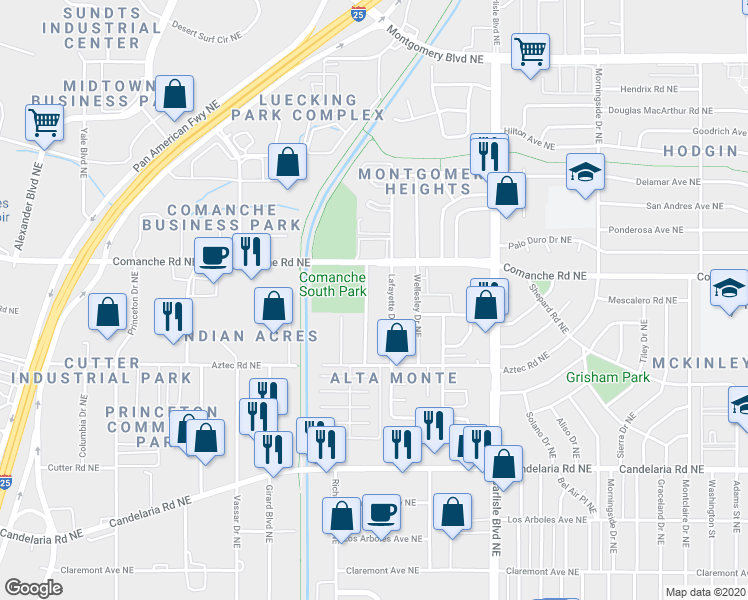 map of restaurants, bars, coffee shops, grocery stores, and more near 3608 Bryn Mawr Drive Northeast in Albuquerque