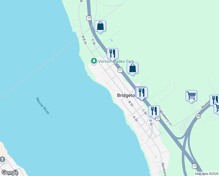 map of restaurants, bars, coffee shops, grocery stores, and more near 42 Eastern Shore Townhouses in New Bern