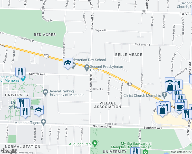 map of restaurants, bars, coffee shops, grocery stores, and more near 4116 Baldwin Square in Memphis
